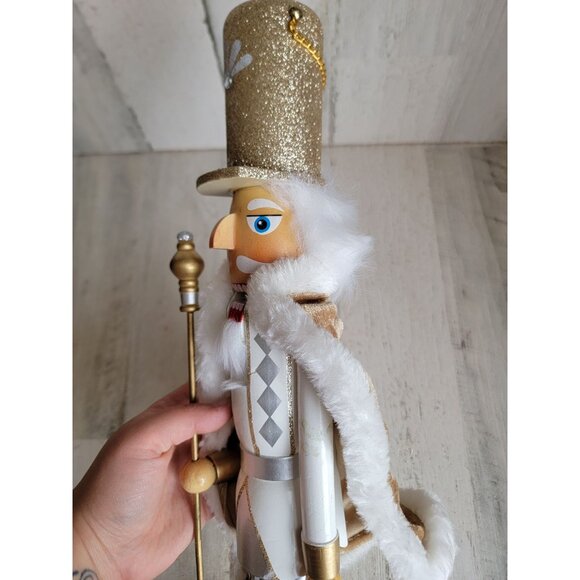 Nutcracker large wooden white staff guard Xmas home decor gold trim‎ - Picture 5 of 8
